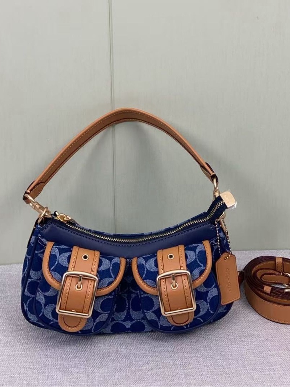Coach Blue Signature Canvas Mini Shoulder Bag with Tan Leather Trim